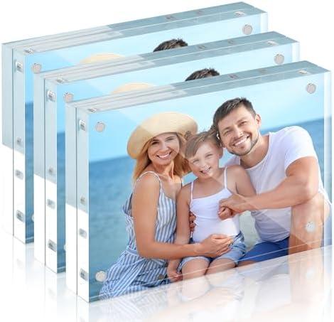 HOUSE DAY Acrylic Picture Frames 5x7, 2 Pack Magnetic 5x7 Picture Frame, Double Sided Clear 5 x 7 Photo Frame with Microfiber Cloth, Frameless FreeStanding 5x7 Frame Gift for Desktop Display