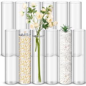 Nuogo 12 Pcs Plastic Clear Cylinder Vase for Home 12 Inch Acrylic Flower Clear Vase Centerpiece for Centerpieces Wedding Party Decorations