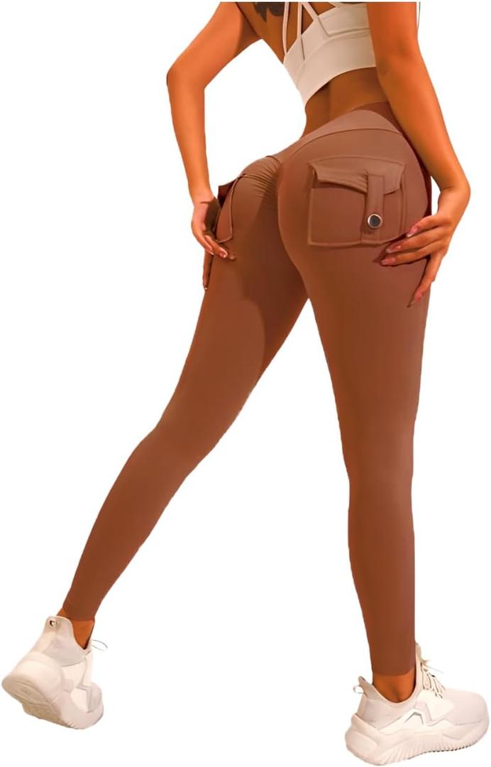 Women's Legging Pants,High-Waisted Leggings, Soft Opaque Skinny Belly Control Pants Running, Cycling, Yoga Pockets (Medium, Coffee)
