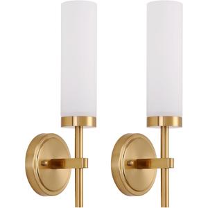 Gold Bathroom Wall Sconces Set of 2, Modern Sconces Wall Lighting Vanity Light Fixtures with Opal White Glass Shade, Brushed Brass Wall Lights for Mirror Living Room Bedroom Hallway Kitchen Stairs (Hardwired (2 Pack))