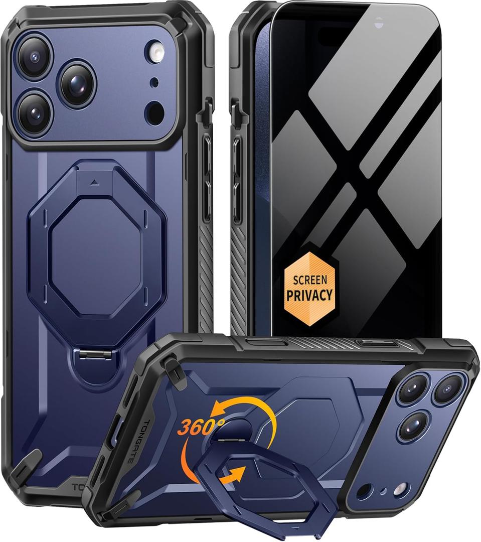 TONGATE for iPhone 17 Pro Max Case with 360 Spin Magnetic Stand, [Compatible with MagSafe][Military-Grade Protection] with Privacy Screen Protector & Camera Control Cover for iPhone 17 ProMax, Blue