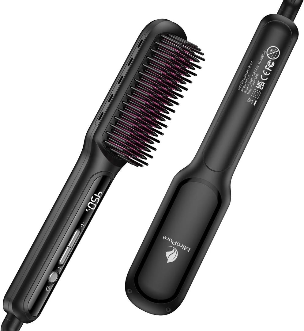 MiroPure Hair Straightener Brush with Plasma Technique, Ceramic Straightening Brush with 16 Temp Settings 30s Fast Heating, Hair Straightener Comb for Women with LED Display & Dual Voltage, Black