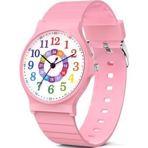 Kids Analog Watch Boys Girls, 30M Waterproof, Sports Watch for Boys, Easy to Read Children's Thin Dial Wrist Watches with Soft Band, for Ages 5-15 Kids Great Birthday Gifts Christmas Day Pink Colorful Dial
