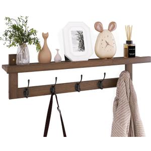 SMIBUY Coat Hooks with Shelf Wall-Mounted, 29.2 Inch Entryway Coat Rack for Wall, Bamboo Hanging Shelf with 5 Double Metal Hooks for Bathroom, Bedroom, Kitchen, Living Room, Mudroom (Walnut)