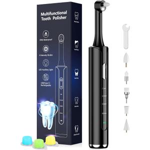 Tooth Polisher, Rechargeable Teeth Polisher with 5 Brush Heads, 4 Speed Modes, Tooth Whitening for Cleaning and Polishing, LED Light, 3 Polish Pastes, IPX6 Waterproof Teeth Cleaning Tools, Black