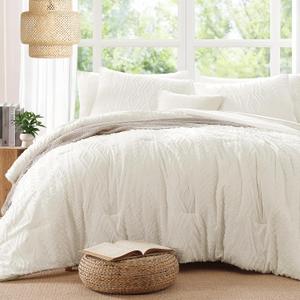 AMBERSPACE King Size Comforter Set White, Tufted Boho Bedding Farmhouse Bed Set, All Season 7 Pieces Bed in a Bag with Sheets, Pillowcases & Shams