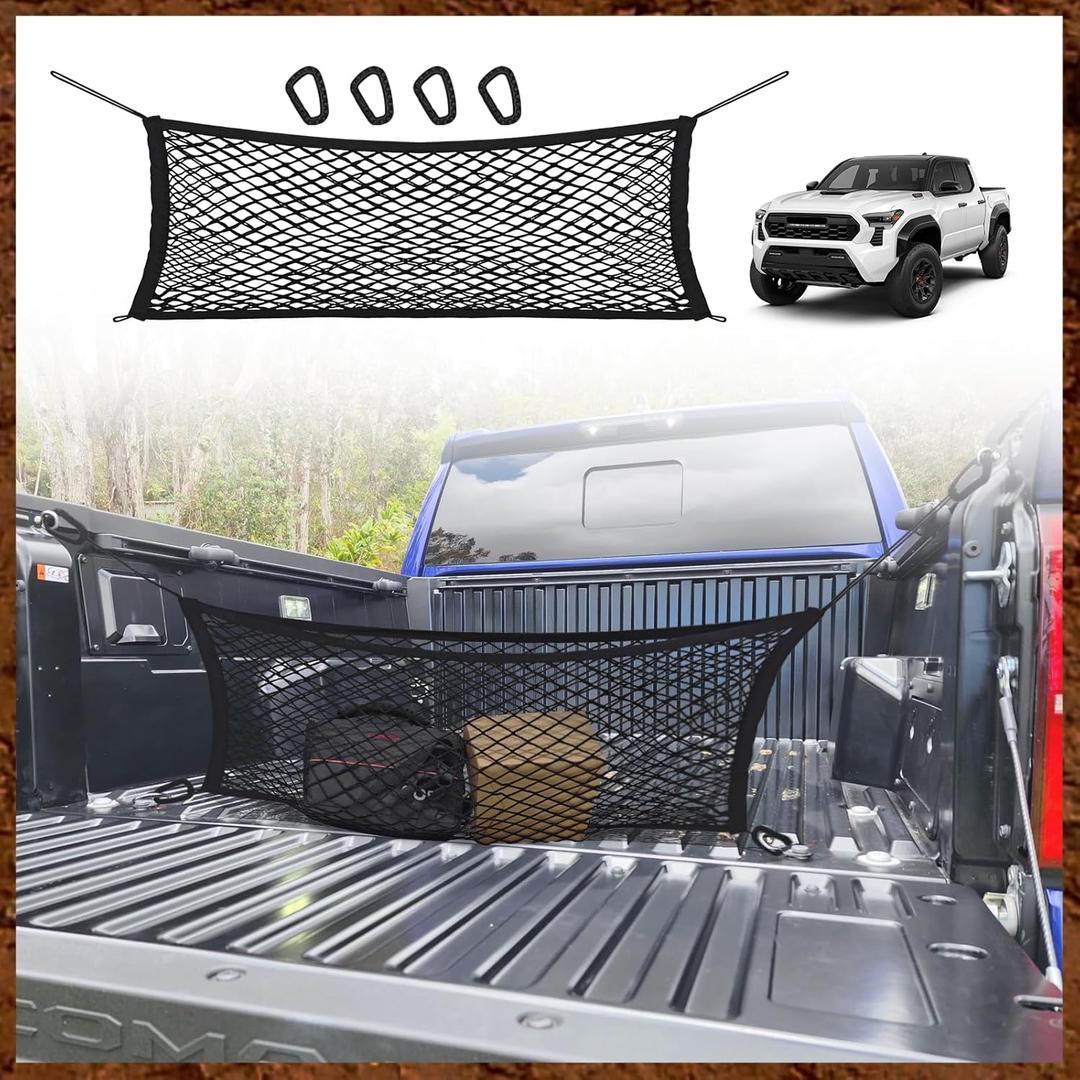Muslogy Truck Bed Cargo Net Envelope Style Compatible with 2024 2025 Toyota Tacoma Accessories Elastic Mesh Bed Net Stretchable Cargo Organizer with Hooks and Stainless Screw Replacement, Color Black