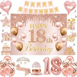 RTHPY 18th Birthday Decorations for Girls, It's My 18th Birthday Crown and Sash Pink Rose Gold 18th Cake Topper Banner Backdrop Balloons Hanging Swirls Happy 18 Years Old Party Supplies