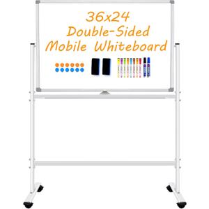 BSTPCOO Double-Sided Dry Erase Board with Stand 36"x24", Magnetic Mobile White Board Rolling Whiteboard on Wheels Drawing whiteboard with Stand for Kids & Adults, 2 Eraser, 10 Markers, 12 Magnets