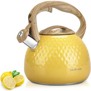 Tea Kettle, Stovetop Teapot, 2.5 Quart, Loud Whistle, Food Grade Stainless Steel and Smooth Wood Pattern Handle, Sophisticated Look for Hiking, Picnic, for Tea, Coffee, (Yellow)