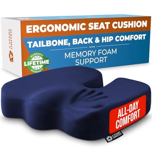 5 STARS UNITED Seat Cushion - Memory Foam Chair Cushion for Tailbone Pain Relief - Ergonomic Support for Coccyx, Sciatica & Butt - Office, Desk & Gaming Chair, Car Seat, Wheelchair, Airplane, Blue