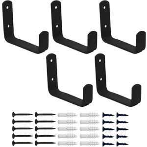 YAPIKAN 5-Pack Steel Garage Hooks Wall Mount Heavy Duty - Large Wall Hooks for Hanging Ladder Extension Cord Tool Cable Bicycle Garden Tools - Texture Matte Black - Hardware Included (Classic Wide Single)