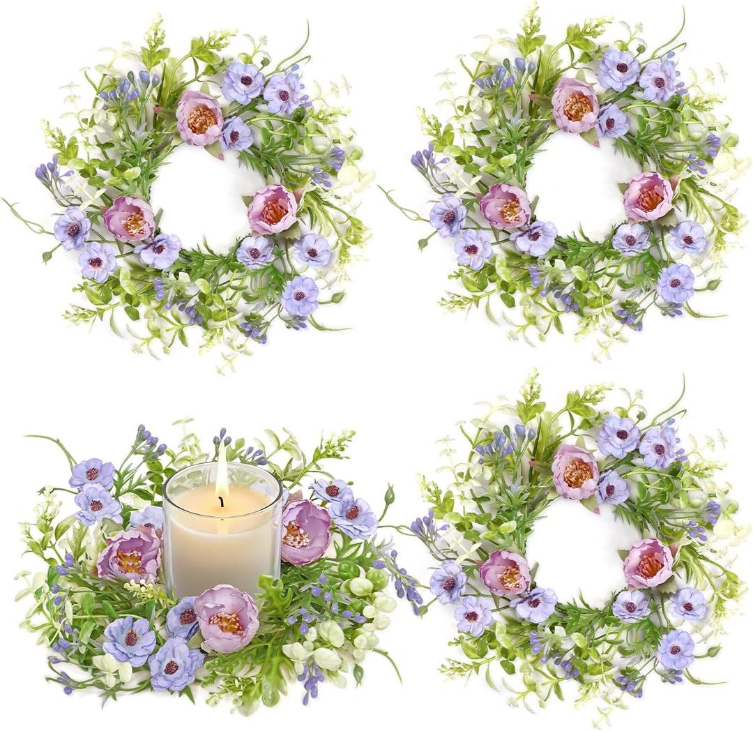KHOYIME Floral Candle Rings Wreath 4PCS Small Spring Summer Purple Artificial Flowers Greenery Wreaths for Pillars, Mini Candle Holder Kitchen Cabinets Table Centerpieces Wedding Party Farmhouse Decor