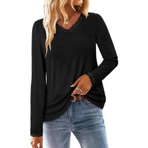 CRAZY GRID Women's Long Sleeve Shirts Casual Tops Lace Neckline Fall Fashion Clothes Winter Outfits Basic Tunic 2026 (X-Large, A black)