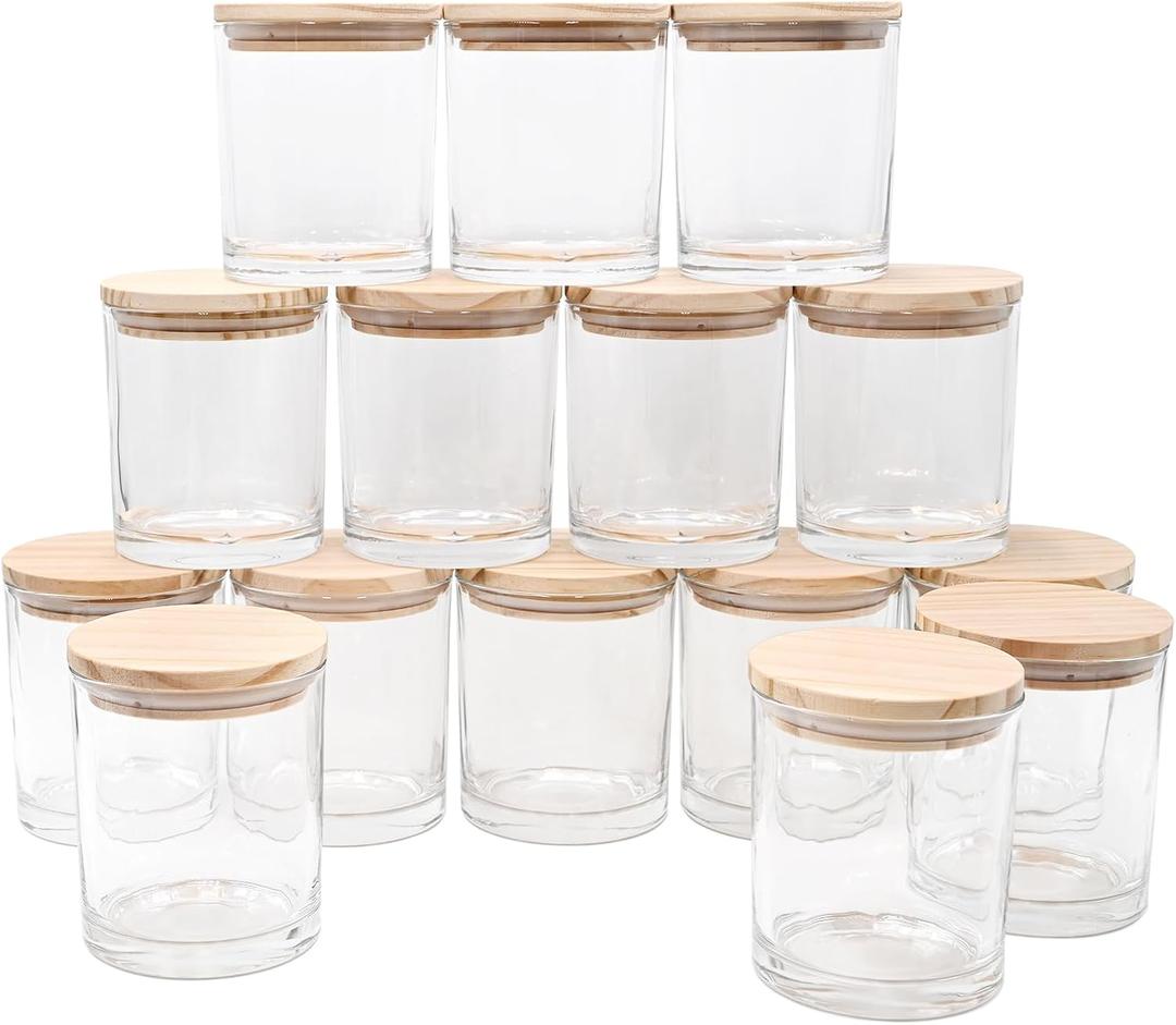 SHOWIN 10 OZ Thick Candle Jars for Making Candles 15 Pcs, Empty Jars with Wood Lids for Candle Making, Sample Container, Clear