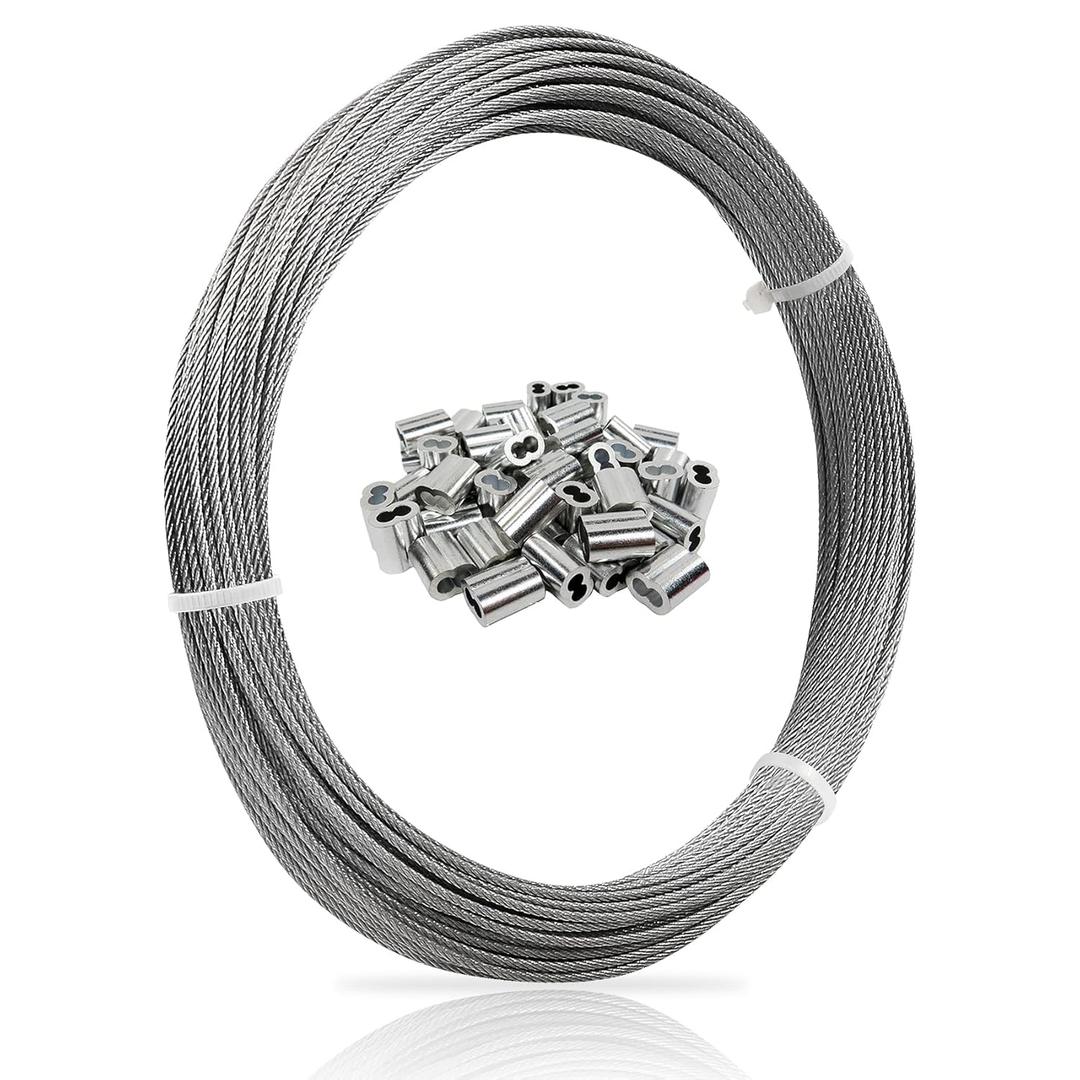 1/16 Wire Rope, 100FT 304 Stainless Steel Cable with 50Pcs Crimp Sleeves, Aircraft Grade, 7x7 Strand, 368lbs Breaking Strength, for Garden Trellis, Clothesline, Railing,Trellis