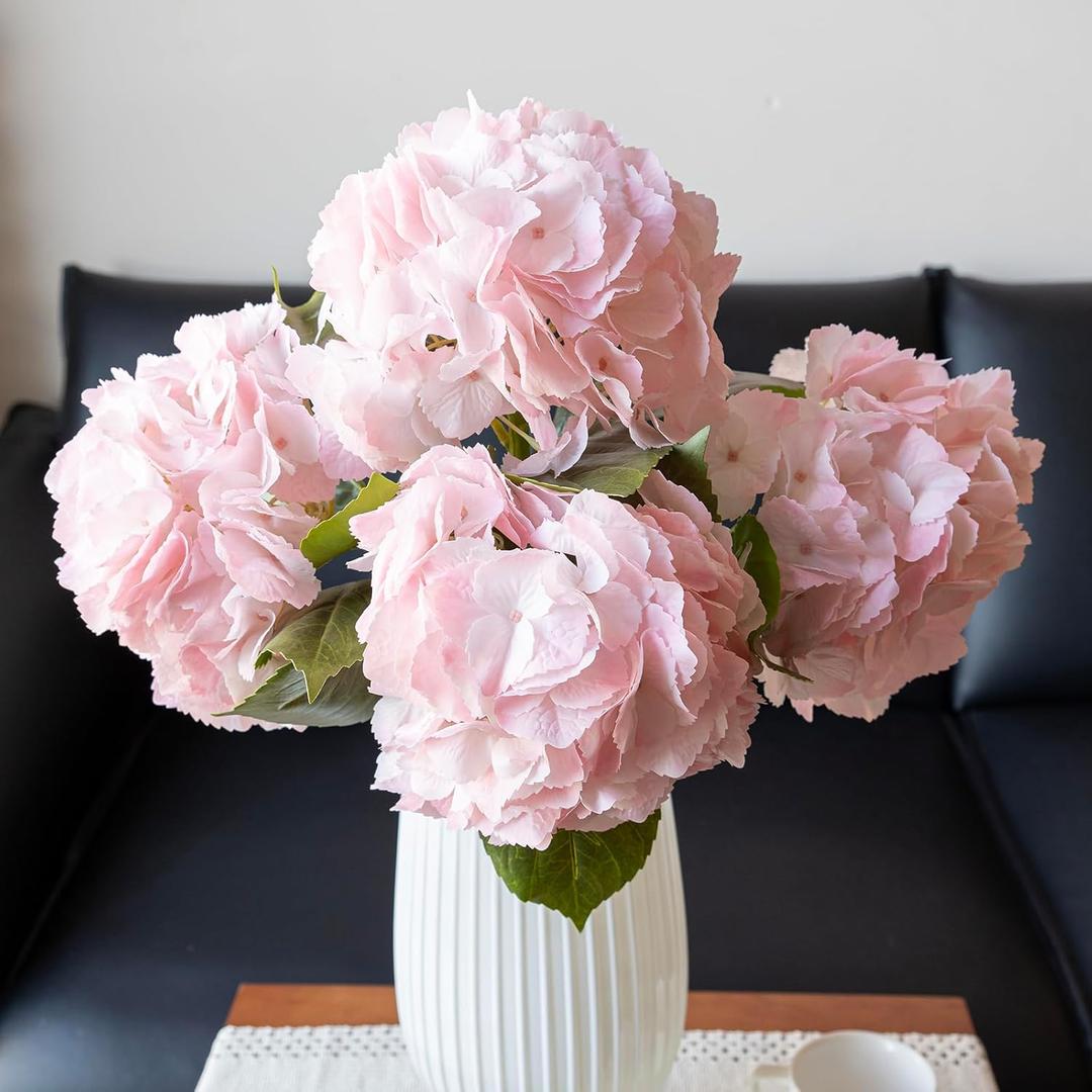 DUYONE 4pcs 22.4'' Realistic Large Artificial Hydrangea Flowers with Long Stem,Light Pink Lifelike Latex Soft Flowers for Home Decor Wedding Arrangements Party Living Room Bouquets