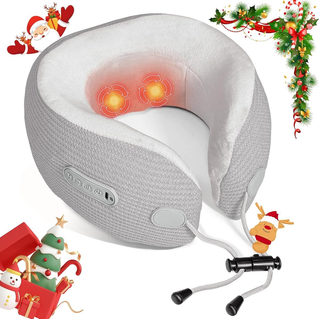 Electric Neck Massager,Portable Travel Pillow with Massage and Heat,Rechargeable vibrating Neck Pillow Massager,Perfect for Pain Relief at Home,Office,Travel,Fathers Day Gift Ideas from Daughter Son (Grey)