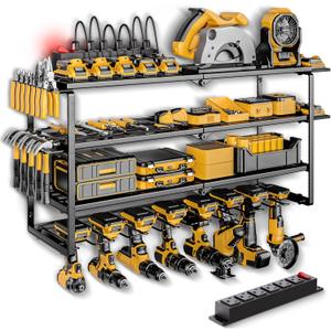 Power Tool Organizer Wall Mount with Charging Station, 4 Layer 8 Slots Cordless Drill Holder for Garage Storage, Utility Racks Max 420lbs Load With 6 Outlet Power Strip for Fathers Men Gift