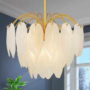 LumFurn 6-Light Gold Chandeliers, Modern 3-Tier Pendant Light Fixture for Dining Room, Living Room, Adjustable Height 19~51", Frosted Feather-Shaped Glass Shade & Brass Finish Frame, Large Pendant