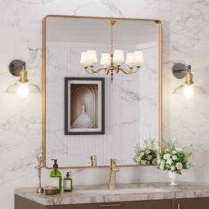 LOAAO 24x36" Gold Bathroom Mirror Rounded Rectangle, Brushed Gold Frame, Wall-Mounted, Anti-Rust, Tempered Glass, Hangs Horizontally or Vertically