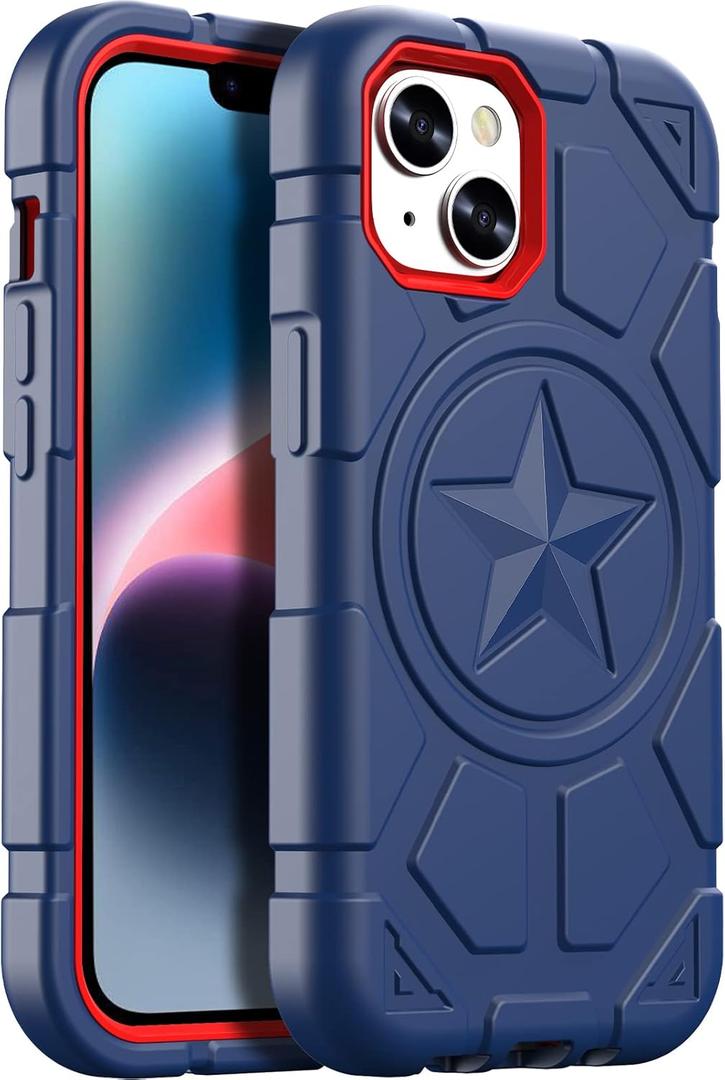TIMISM Designed for iPhone 14 Case 2022 / iPhone 13 Case 2021 (6.1inch), Military Grade Drop Protection Full Body Rugged Heavy Duty Protective Sturdy iPhone Cover for Men, Navy Blue+Red