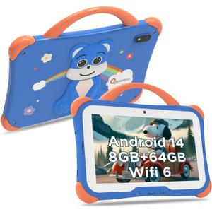 CWOWDEFU Kids Tablet 7 inch Pro,8GB+64GB,Toddler Learning Tablet for Kids with Case,Android 14,4000mAh/Parental Control/Dual Camera,FM/GPS/OTG/Great Gift for Children(Blue)