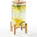 2 Gallon Glass Drink Dispenser with Stand, Beverage Dispenser with Wood Lid and Stainless Steel Spigot, Glass Water Dispenser for Parties, Ideal for Juice, Tea, Lemonade, and More