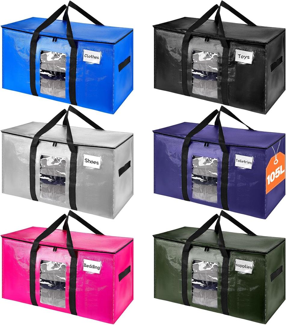 6 Pack Extra Large Moving Bags,Christmas Decoration Storage Bins,37Gallon Heavy Duty Storage Totes with Visible Window & Tag Pocket,Alternative to Moving Boxes,Dorm Room Essentials(Blue)
