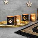 Black and Gold Ramadan Decor Set of 4, Modern Cylinder Glass Tealight Candle Holders, Eid Mubarak Table Decor, Mosque Moon & Star Votive Holders, Elegant Islamic Ramadan Gifts