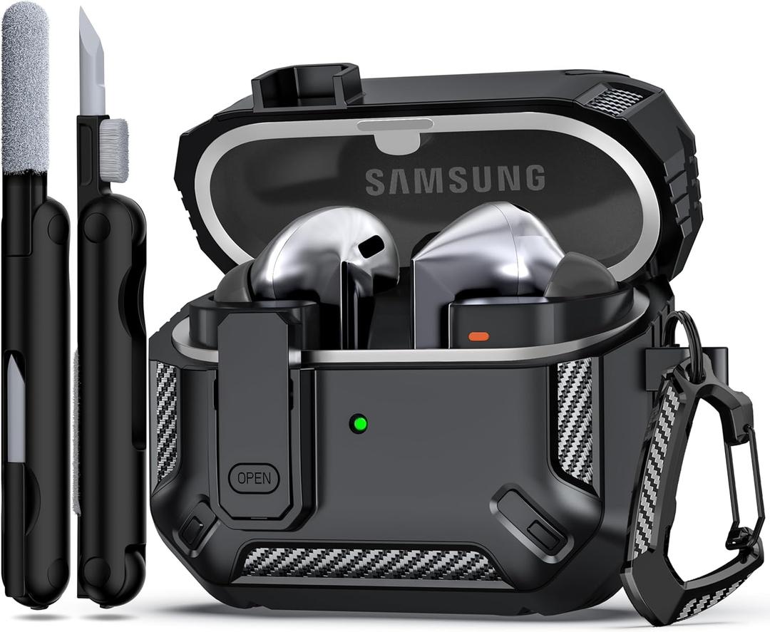 RFUNGUANGO Compatible with Samsung Galaxy Buds 3 Pro Case(2024) / Buds3 FE (2025) / Buds 3 Case (2024) with Carabiner & Cleaning Kit Phone Stand, Strong Drop Protection, Black
