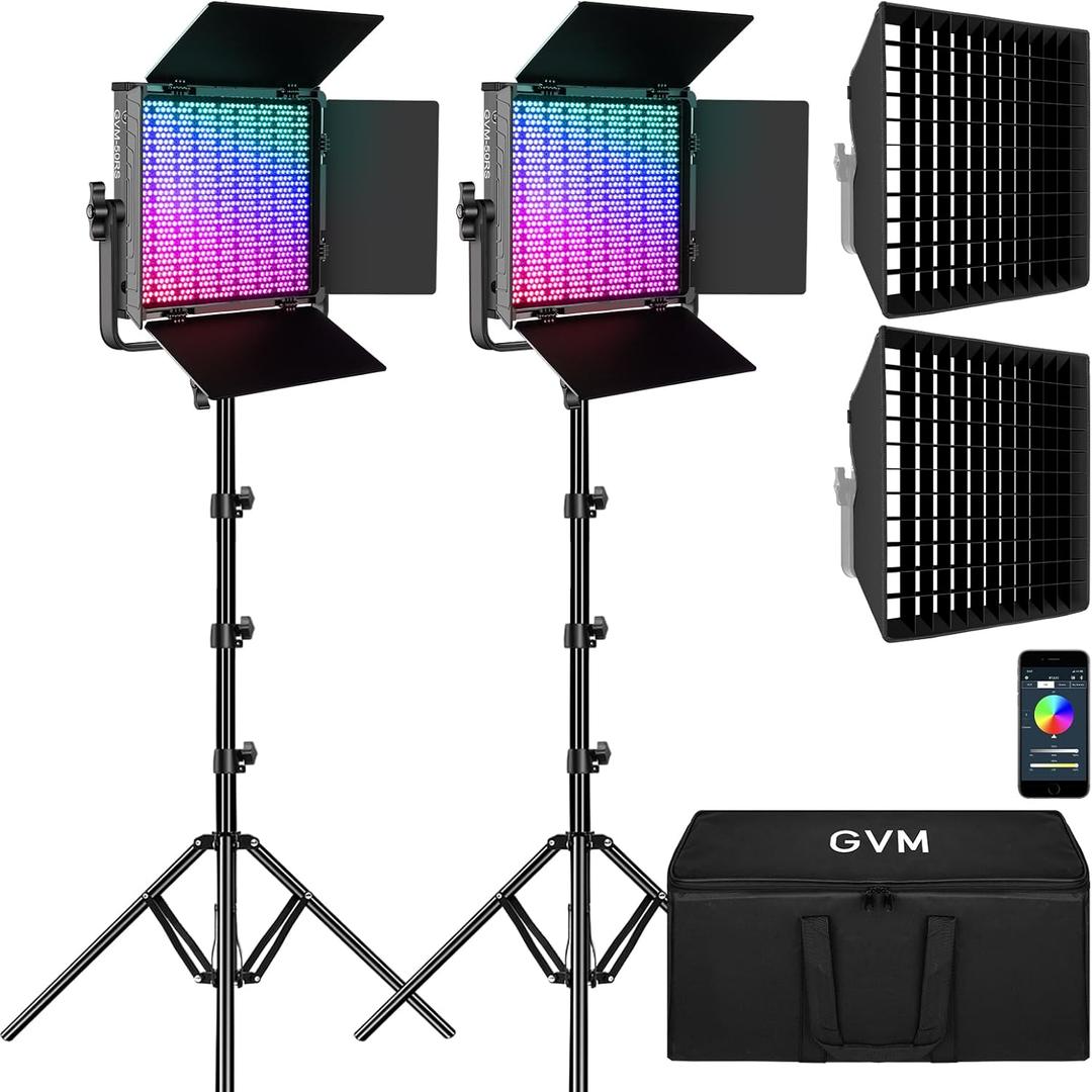 GVM 50W RGB Video Light with Softbox, 2 Packs 3200K-5600K Bi-Color Photography Video Lighting with APP Control, 8 Scene Modes, Adjustable Studio Light for YouTube, Streaming, Filming, Content Creation