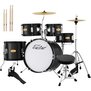 Drum Set Eastar 16 inch 5-Piece, Junior Drum Kit for Beginners Kids Teenagers with Adjustable Throne and Cymbal, Pedal & Drumsticks, Metallic Black (EDS-350MBK)