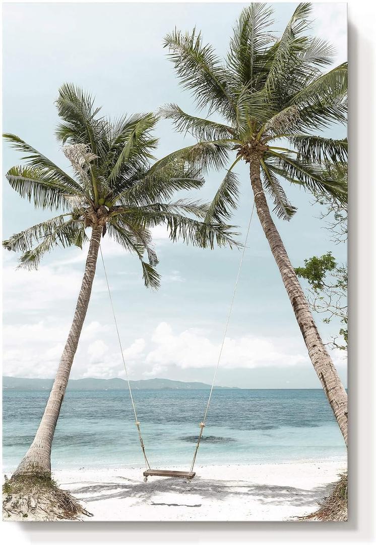 Beach Coastal Canvas Wall Art: Seaside Palm Tree Painting Seascape Swing Hanging on Coconut Trees Picture Light Blue Seawater Ocean Artwork Decor for Living Room 36"x24"x1panel