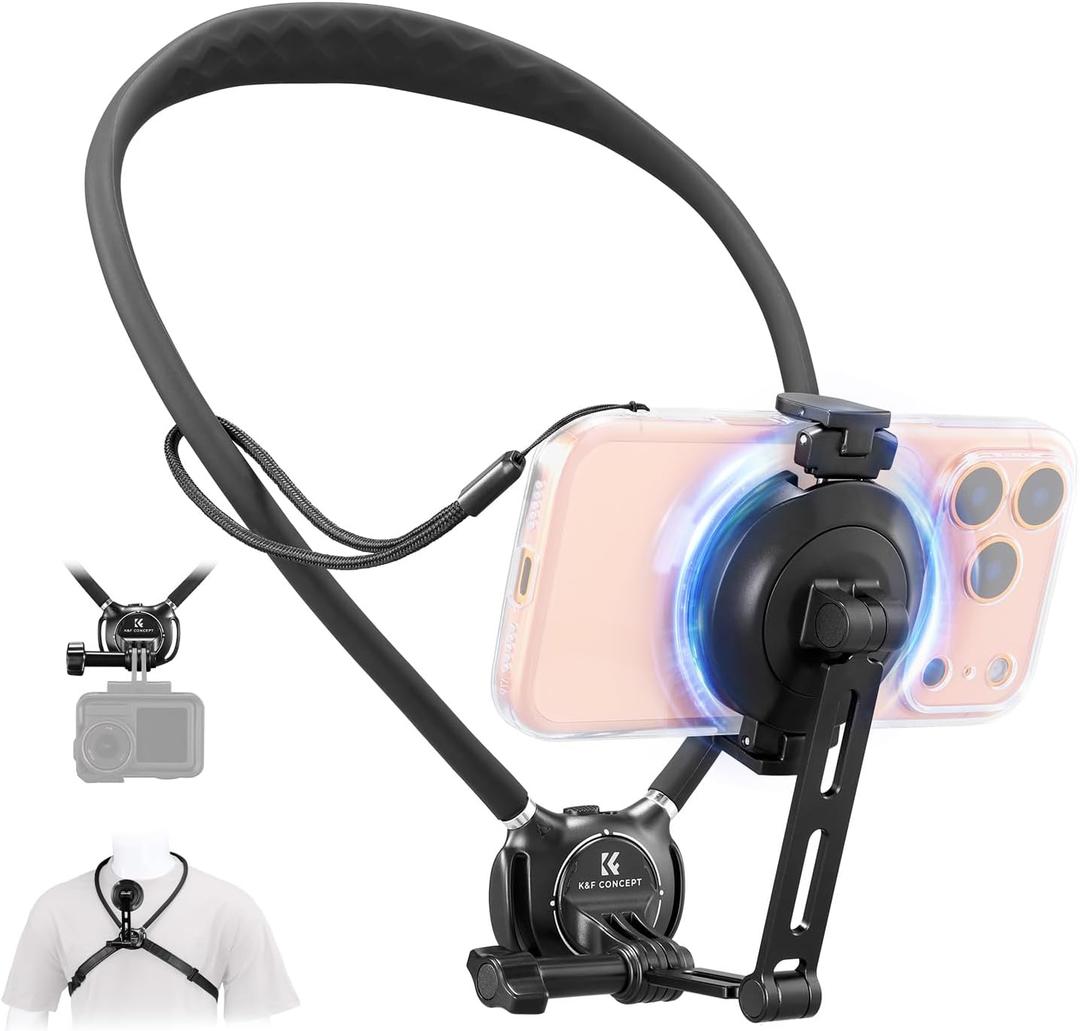 K&F CONCEPT Neck Phone Holder, 2-in-1 Magnetic & Clip-on Phone Neck Holder, POV Phone Holder, Hand Free Chest Stand Compatible with iPhone 17-12 Seires Android Phones