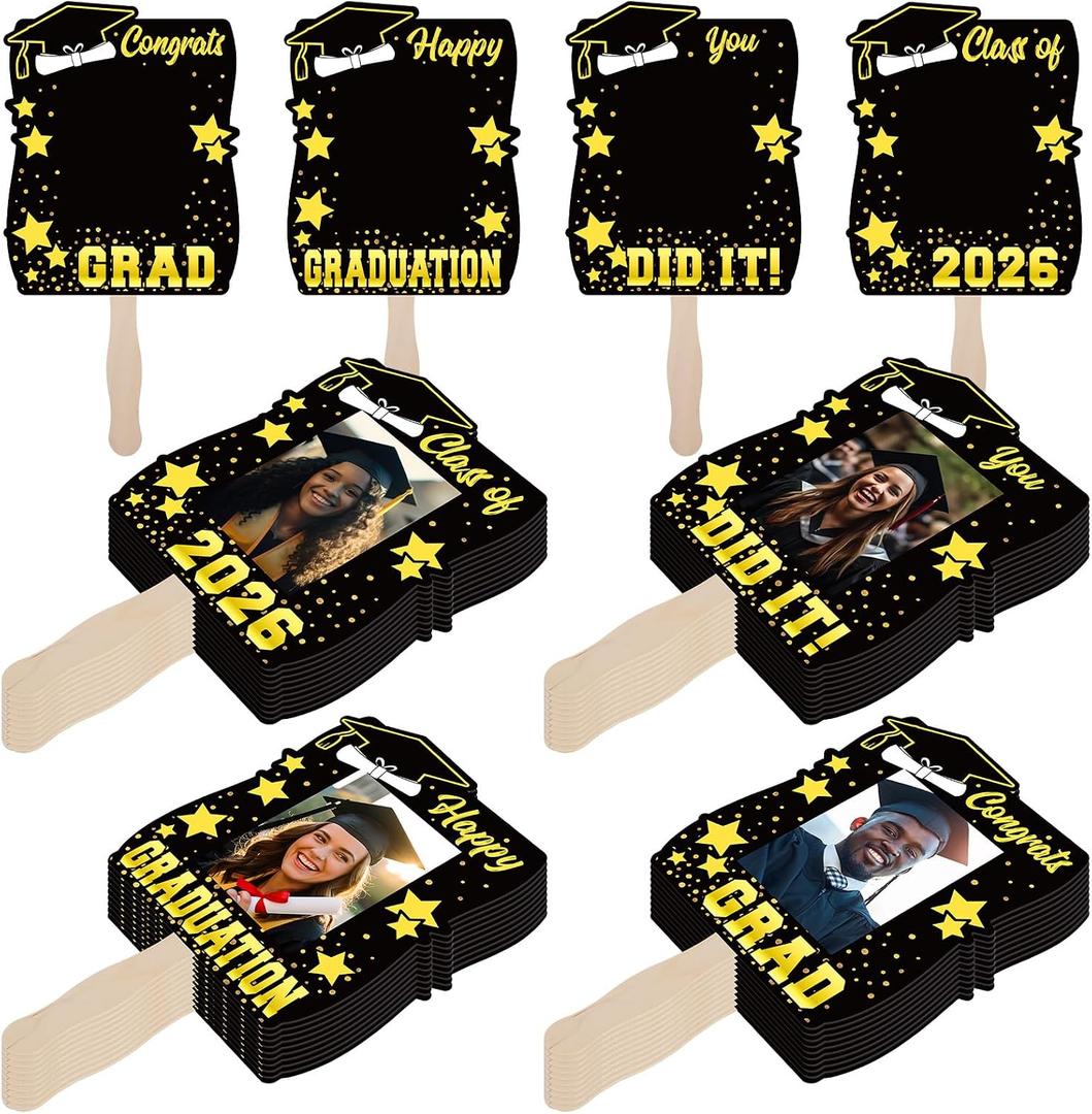 Amyhill 24 Pcs 2026 Graduation Fans with Photo Personalized Graduation Fans with Handle Custom Cutout Face Fan Double Sided DIY Photos Frame for Class of 2026 Grad Photo Props Party Favor(Black Gold)