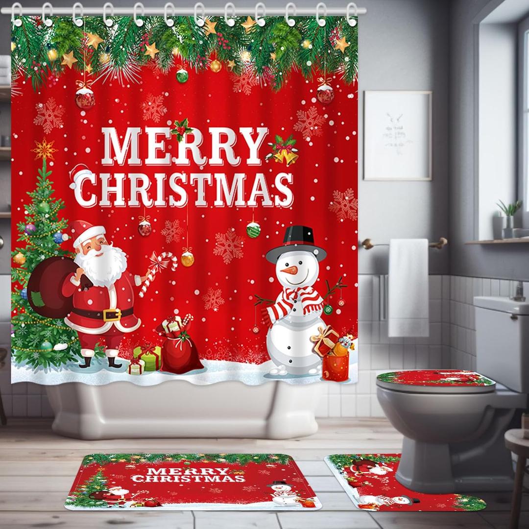 Capoda 4 Pcs Merry Christmas Bathroom Shower Curtain Set, Xmas Curtain with 12 Hooks, Non Slip Bathrooms Rugs, Toilet Lid Cover, U Toilet Mat for Christmas Bathroom Decoration(Snowman)