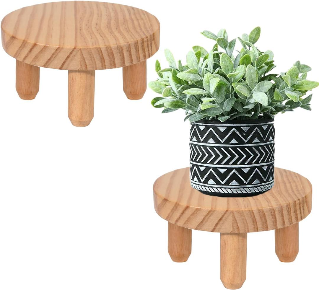 ARTORA Small Wooden Riser, Decorative Round Wood Desktop Plant Stand Mid Century Kitchen Counter Pedestal Stand for Centerpiece Pet Bowl Holder (Natural, 2 Pack)