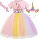Unicorn Dress for Girls Princess Unicorn Costume Birthday Party Headband with Accessories (150 7-8 Years, Pink)