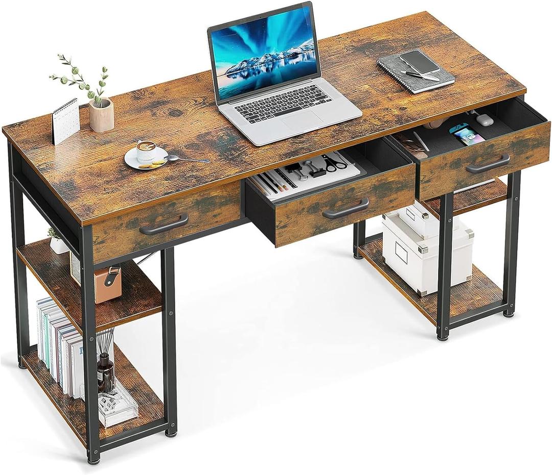 ODK Office Small Computer Desk: Home Table with Fabric Drawers & Storage Shelves, Modern Writing Desk, Vintage, 48"x16" 