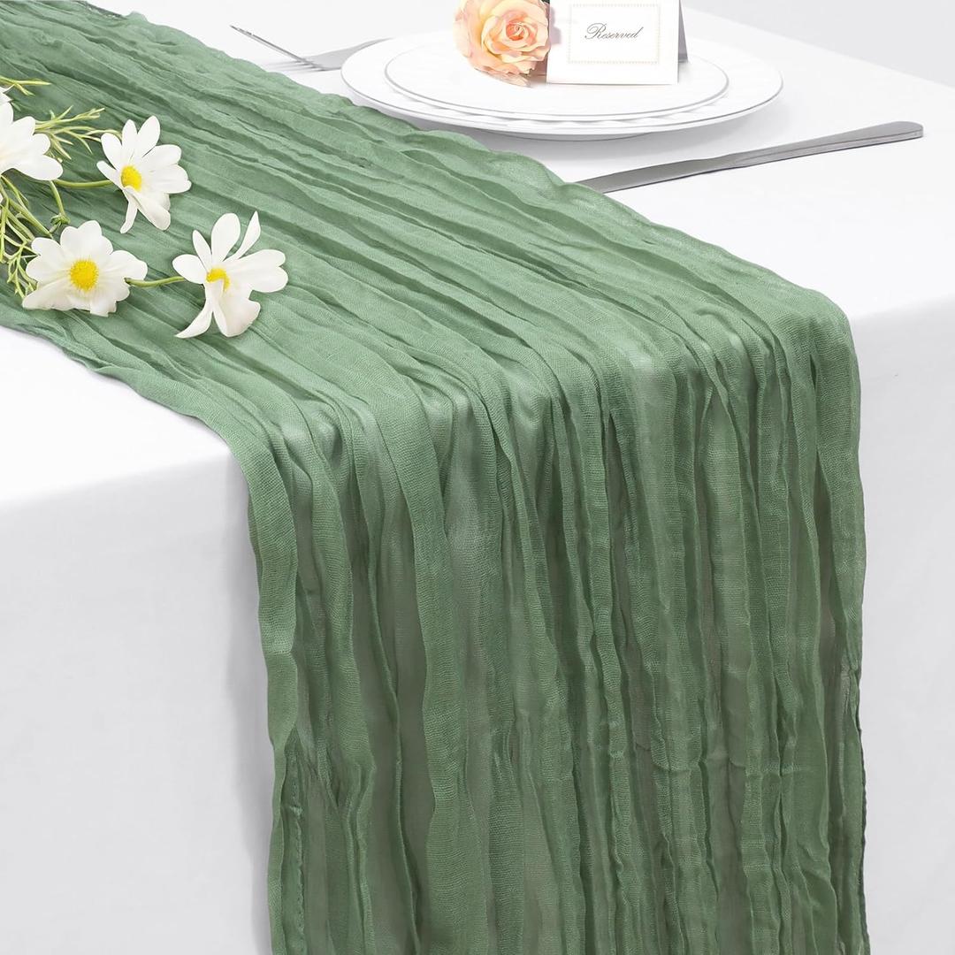 INVGEEXI 1 Pack Sage Green Cheesecloth Table Runner 35" x 120", Boho Rustic Farmhouse 10FT Gauze Table Runner for Wedding Baby Shower Birthday Party Holiday Decor