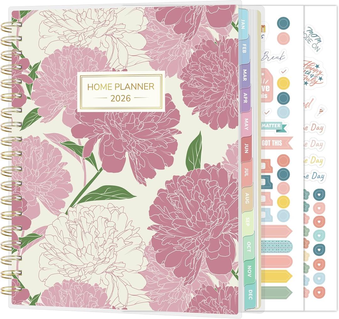 SUNEE Home Planner 2026, Work from Home Planner w/Stickers, JAN 2026 - DEC 2026, Daily Checklist, Monthly Budget Worksheet, Monthly Calendar, To-Do Lists, Ideal for gift, Poly Laminated Cover, Peony