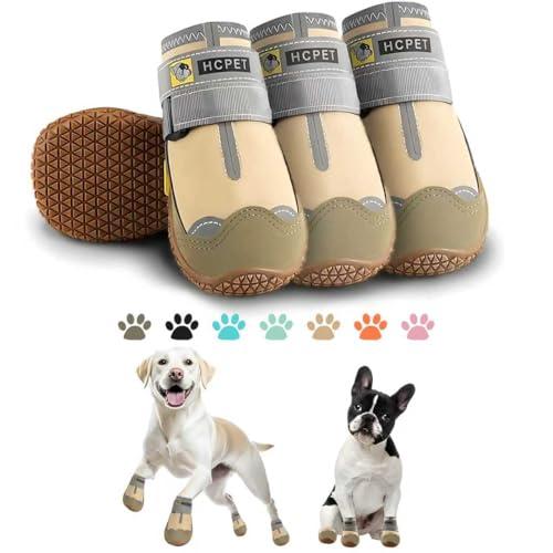 Hcpet Dog Shoes for Large Dogs, Waterproof Dog Booties for Small Medium Dogs, Anti-Slip Dog Boots & Paw Protectors for Hot Pavement Winter Snow Hiking with Reflective Straps Khaki Size 6