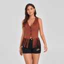 retro button suede vest sexy V-neck women's short top sleeveless casual vest jacket