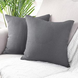 MANDIOO Set of 2 Waffle Textured Decorative Throw Pillow Covers Soft Solid Cotton Cushion Cases Luxury Pillowcases for Couch Sofa Bed 22x22 Inches Grey
