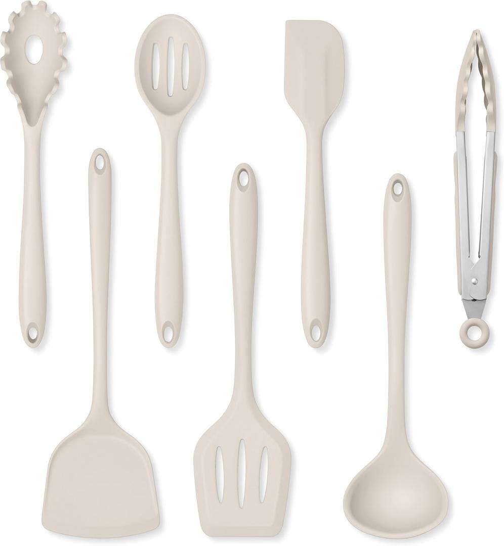 Herogo Silicone Cooking Utensils Set, 7-Piece Kitchen Utensils Set, Heat Resistant Cooking Gadget Tools Slotted Turner, Spoon, Soup Ladle, Pasta Server, Spatula, Tongs for Nonstick Cookware, Khaki