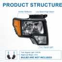 Headlights for 2009-2014 Ford F150 Pickup F-150 2010 2011 2012 2013 Amber Reflector Black Housing