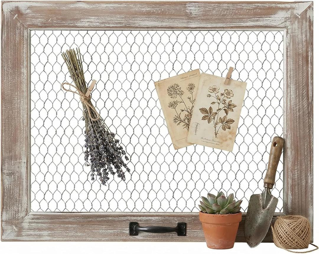 SOFE Rustic Chicken Wire Frame, Framed Photo Display Board/Wall Grid Panel, Decorative Bulletin Board, Jewelry Wall Organizer, Room Office Dorm Memo Board, 22 17 Inches
