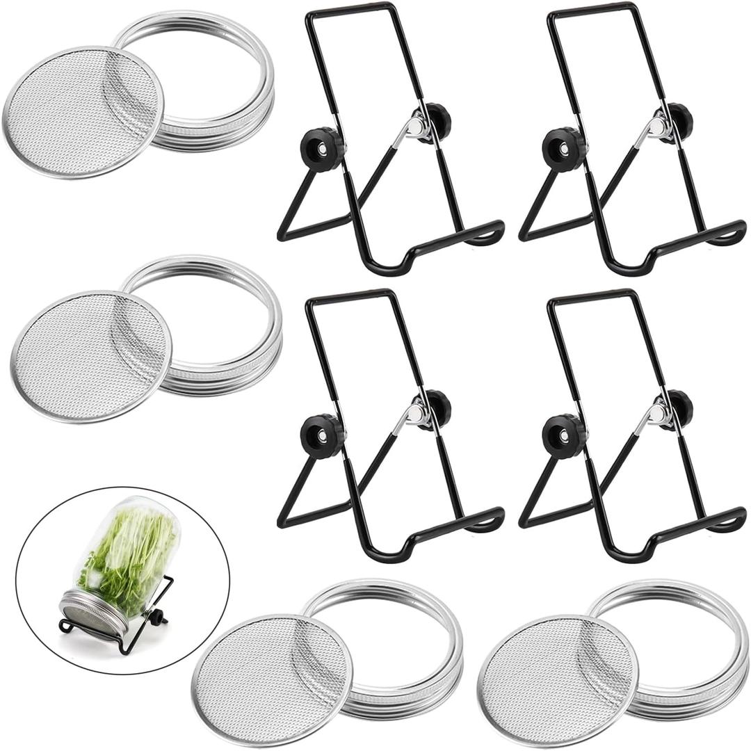 Sprouting Lids Growing Kit - 316 Stainless Steel Sprouting Lids for 86mm Wide Mouth Mason Jar with Adjustable Stands - Organic Sprouts, Broccoli, Alfalfa Mung Bean Sprout Kit (Set of 4)