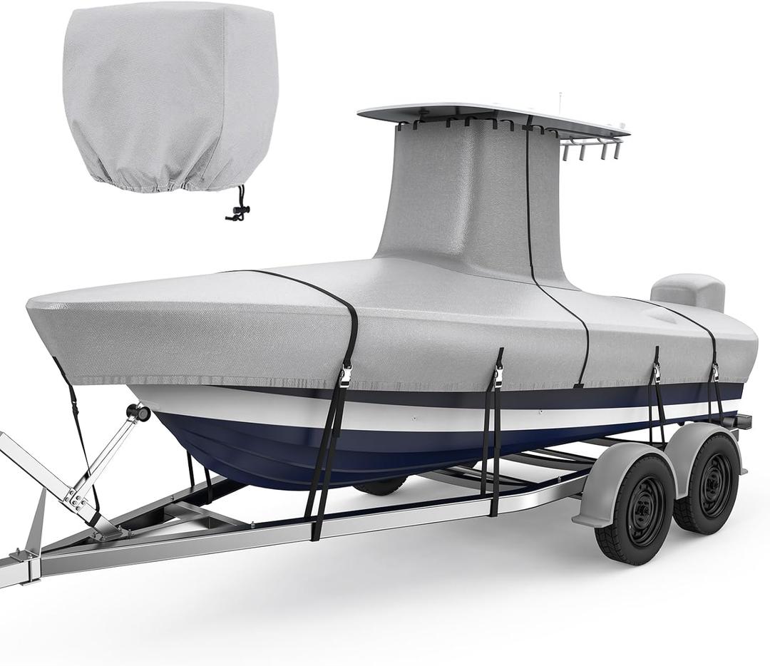 Fonzier T-Top Boat Cover with Motor Cover, 1400D Heavy Duty Waterproof Tear-Resistant Upper Reinforced, Fit 20'-22' Center Console Boat with T-TOP Roof, Beam Width up to 106", Gray